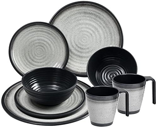 Melamin Geschirr Set für 2 Personen Grau Granit-Optik 8 Teile - mit Stapeltassen - Campinggeschirr Geschirrset Tafelgeschirr - Spülmaschinengeeignet Tableware Outdoor Camping