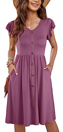 MOLERANI Sommerkleid Damen Midi Rüschen Ärmel V-Ausschnitt Casual Swing Elastische Taille Midi Kleid mit Taschen Licht Lila L