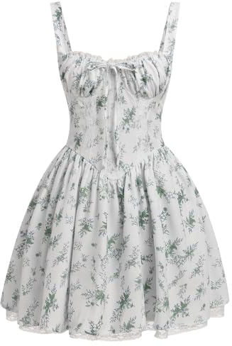 OBEEII Women's Floral Corset Mini Dress Square Neck Sleeveless Spaghetti Strap Summer Boho Sundress Floral Print Lace Up Fitted Dress