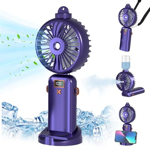 FainFun Handventilator Wasserkühlung, 5000mAh Handventilator mit Wasser USB, 5-Gang einstellbar, Taschenventilator, Faltbarer Tragbarer Mini Ventilator mit Wasser für Büro, Einkaufen, Reisen(Violett)
