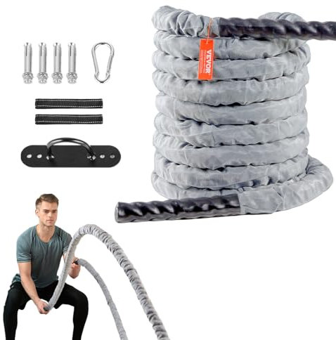 VEVOR Battle Rope Trainingsseil, Übungsseil, Schlachtseil 9,1 m, Polyester-Trainingsseil mit Schutzhülle und Anker, Schlagseil für das Heim-Fitnessstudio, Körpertraining, Rumpfkrafttraining, Grau