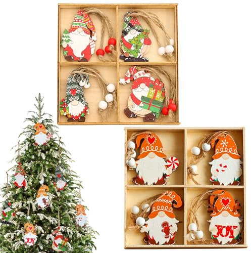 Deco Noel Sapin 24 Pièces Decoration Noel Bois,Père Noël Deco Decoration,Deco Sapin De Noel en Bois à Suspendre,Deco Noel avec Boite,Rouge Ensemble De Decoration De Noel pour 8 Styles avec