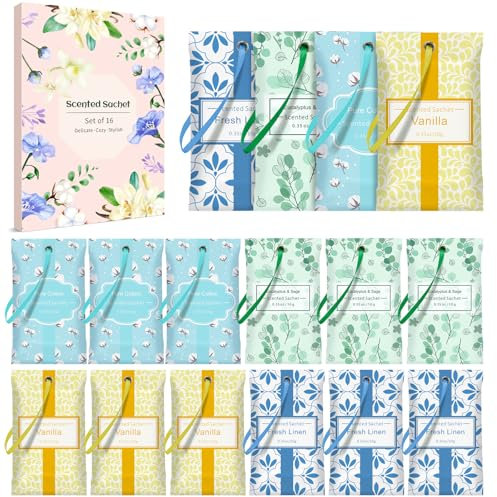 Scent-Hi Sacchetti Profumati, Aroma per Profumare Vestiti Armadi, Cassetti, Stanze da Bagno, Auto-Cotone, Lino, Eukalyptus Salbei, Vaniglia (4 Parfums 16 Sachets)