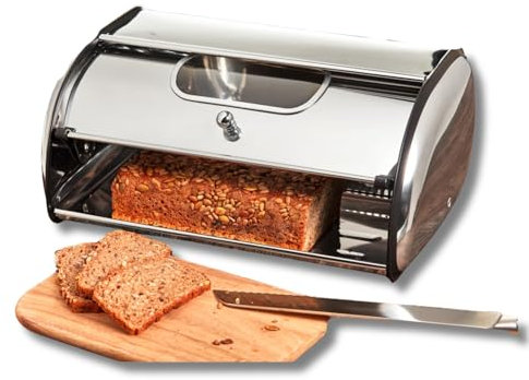 3 PAGEN® Brotkasten Edelstahl, Brotbox mit Sichtfenster, Aufbewahrungsbox für Brot, Brötchen und Kekse, Brotbehälter mit optimale Luftzirkulation, Brotaufbewahrung, Rollbrotkasten, 34x23x14,5 cm