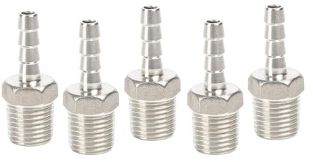QiiMii Stainless Steel 304 Male Threaded Barb Hose Pipe Fitting Tail Connector with Thread Adaptor DFE Tail Pipe 1/4 x6MM, 5 Pack