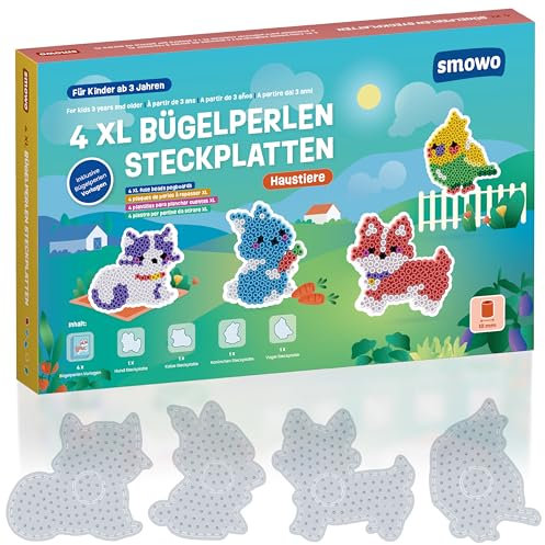 Smowo® 10mm Bügelperlen Platten Haustiere - Set mit 4 Steckplatten und Vorlagen - Hund, Katze, Vogel, Kaninchen - Große Stiftplatten für Kinder ab 3 Jahren