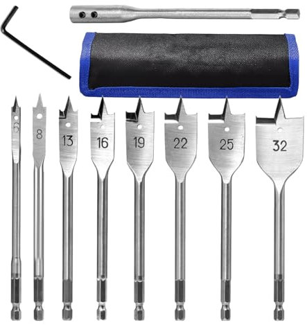 9-Piece Flat Drill Bit Set, 6-32 mm Spade Drill Bit Set, Wood, Carbon Steel, Flat Wood Drill Set with Wrench and Additional Lever, for Woodworking