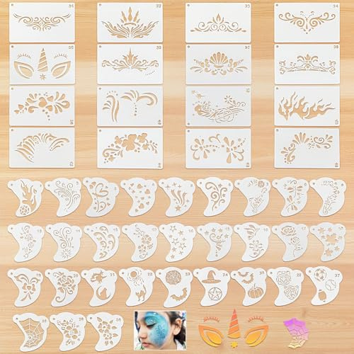 FrostyFlair Kit de plantillas de maquillaje para niños, 46 piezas reutilizables para maquillaje, plantillas de tatuaje, pintura facial, plantillas para niños