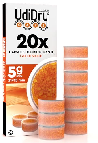 20 Capsule per Apparecchi Acustici UdiDry Caps 5g 31mm con Indicatore di Colore - Capsule Deumidificanti Essiccanti con Gel di Silice di Alta Qualità per Asciugatura e Manutenzione Protesi Acustiche