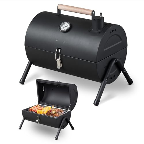 LEADZM Tragbarer Holzkohlegrill mit Thermometer und Holzgriff, Kompakter Tischgrill für Outdoor Camping Barbecue Garten Party, 34×22 cm