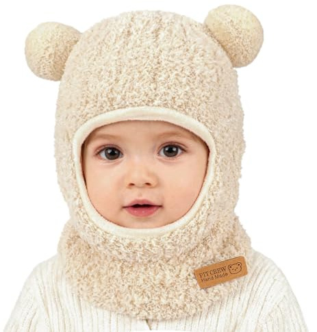AYPOW Bonnet Cagoule Chaud d'Hiver pour Bébé Enfant, Multifonction Chapeaux Echarpe en Polaire Peluche Thermique Coupe-Vent Tricoté Cache-Cou Capuche Cache Oreilles avec Double Pompon Tout Petit