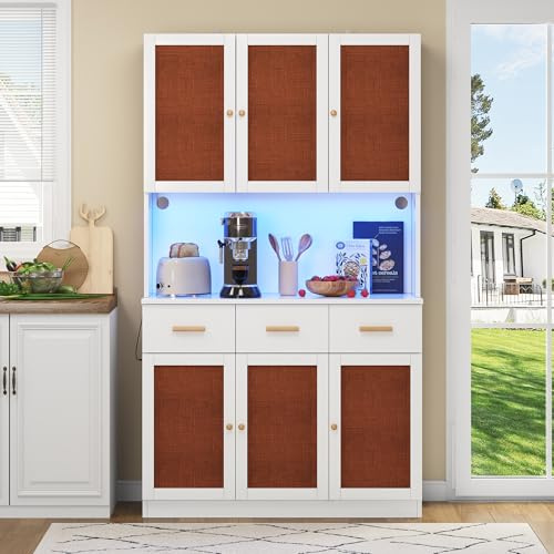 VSOGA Armoire buffet de cuisine 182 cm avec éclairage LED et prise, blanche, avec portes en tissu et poignées en bois massif, espace de rangement pour micro-ondes, machine à café et vaisselle