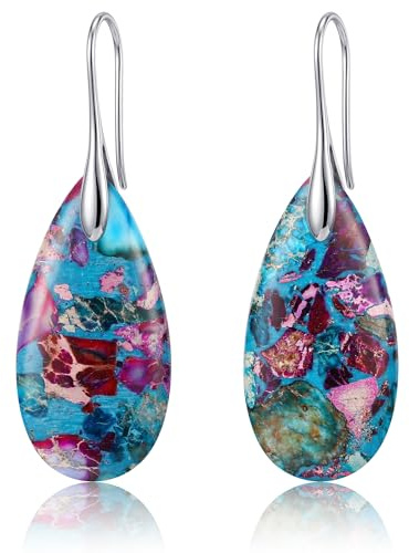 Adramata 2 Pcs Natural Healing Stone Drop Earrings for Women Dangly Earring | Hypoallergenic Teardrop Earrings for Women,Funky Fishhook Drop Earrings,Silver Earrings,Boho Jewellery for Women