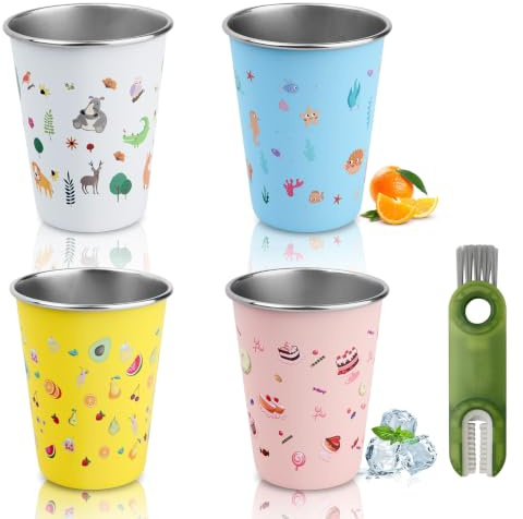 GEEKHOM Set of 4 Stainless Steel Cups for Kids, 350ml Reusable Children’s Metal Cups with Cleaning Brush, Tumblers with Fun Cartoon Prints, Perfect for Home School Camping Travel (4 Colors)