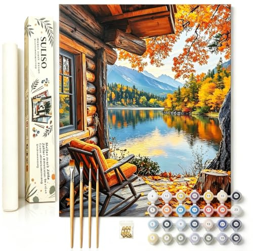 SULISO Pintura por Números para Adultos,El lago en otoño,Pinturas al óleo Acrílicas por Números para Adultos Principiantes Kit de Pintura para Niños,40x50cm sin Marco