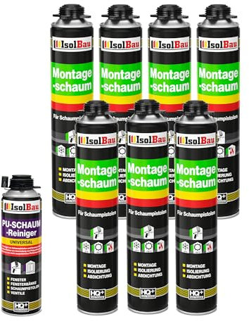 Isolbau Kit de mousse de construction – Avec 7 mousses de montage 1K B2 pour pistolet 750 ml et 1 nettoyant mousse polyuréthane (500 ml)