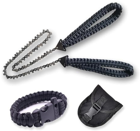 Fexplendid Sierra de mano para acampar, 33 dientes, sierra de alambre, sierra de cadena manual, kit de supervivencia, survival kit con pulsera de supervivencia al aire libre
