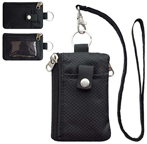 CHENSPRX Minimalist RFID Blocking Small Wallet with ID Window,WaterResistant Zip Id Case Wallet with Lanyard Keychain for Cards,Cash,Travel,Women,Men (Black)