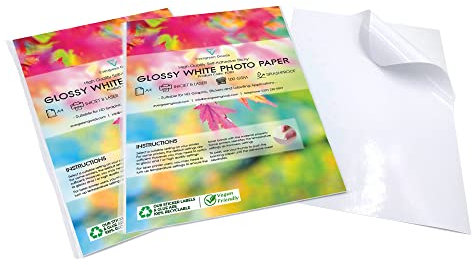 Evergreen Goods 100 A4 Glossy White Photo Sticker Paper Sheets | Printable Self-Adhesive Paper Inkjet & Laser Printers | Splashproof & Durable | Ideal for DIY Crafts, Labels & Scrapbooking