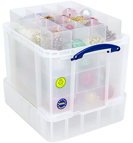 Really Useful Box Plastic Storage 35 Litre with XXL Lid with 4 Trays 1x6 + 1x9 + 1x12 + 1x16 Compartments Clear