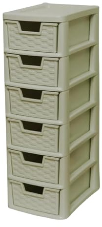 Khanary Plastic Storage Drawer Unit| 6 Tier Rattan Effect Storage Drawer Space Saving Mini Drawers Tower- Durable Cabinet Organizer Home, Kitchen, School, Office - 26Dx19Wx60H cm| Cream