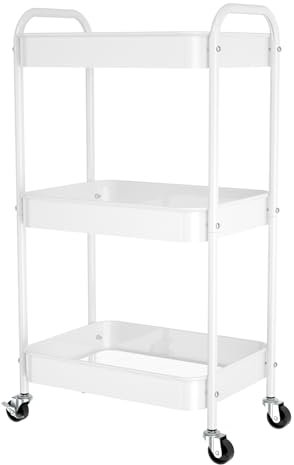 PNVXNUS Rollwagen aus Metall mit 3 Ebenen multifunktionaler Organizer für Büro Bad Küche Bücher Windeln. Einfache Montage Weiß XIAOTUICHE
