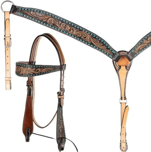 EQUIGEAR Western-Leder-Set mit handgefertigtem Kopfstück und Vorderzeug mit Zügeln. /Size-Full,Cob,Pony AO-0068 (Pony)