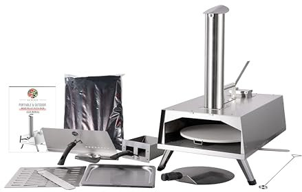 Foyer à bois portable 2 en 1 – Four d'extérieur – Fumoir – Avec système de rotation manuel – Ensemble d'accessoires – Housse de pluie, outils de barbecue, pierre à pizza de 30,5 cm, pelle à pizza