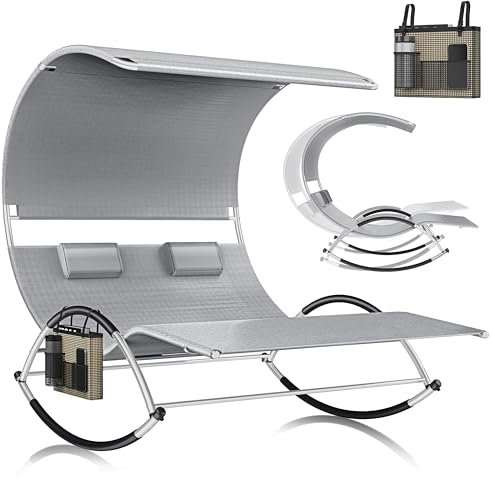 KESSER® Chaise Longue Double +Toit Solaire, Coussin, pour 2 Personnes, de Relaxation, de Jardin à Bascule, Surface de Couchage Ergonomique, Charge de 240 kg, Gris