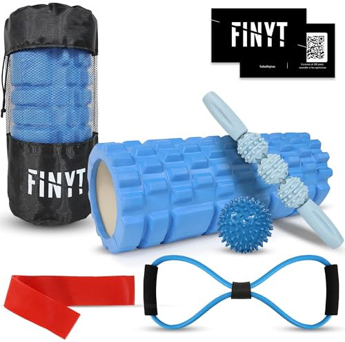 FINYT - Foam roller pack 7en1 - rouleau de massage musculaire, rouleau de massage musculaire, boule de massage, bande élastique Pilates, caoutchouc musculaire, exercices en mousse et sac de transport