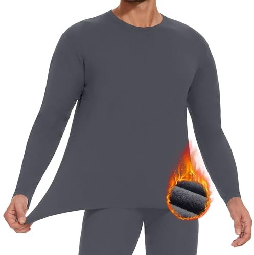 HIPOWER Thermal Top for Men Long Sleeve T Shirt Base Layer Fleece Lined Lightweight Winter Warm Underwear for Wokerwear Outdoor Sports Running Hiking(Grey M)
