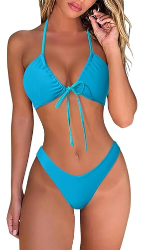 RXRXCOCO Women's Bikini Sets Halter Push Up Triangle Bikini Bow Tie Back Low Waisted Sexy Thong Bikini Swimsuits for Women 2 Pieces