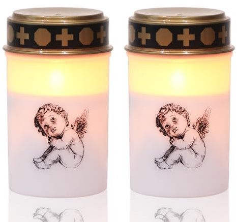 Eldnacele Velas LED blancas para tumba con temporizador de 6 horas, funciona con pilas, impermeable, sin llama, velas conmemorativas (2 unidades, ángel pequeño)