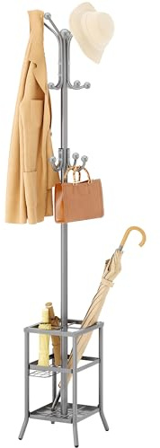 FAVOOSTY Coat Stand Coat Rack with 12 Hooks, Free standing Clothes Clothing Rack with Umbrella Holder, Hats, Bags for Hallway Bedroom Living Room Office, Silver Grey