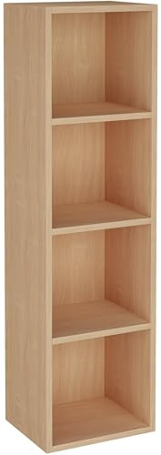 Blisswood Wooden Bookcase, 4 tier Bookshelf Storage Shelves, Cube Storage unit, Narrow shelving unit for Home, living room display shelves, bedroom and office furniture (Beech)