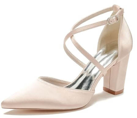 HFWXYSA Scarpe da Sposa con Tacco Largo in Raso da Donna A Punta Décolleté con Cinturini Incrociati Scarpe da Matrimonio in Raso,Champagne,42 EU