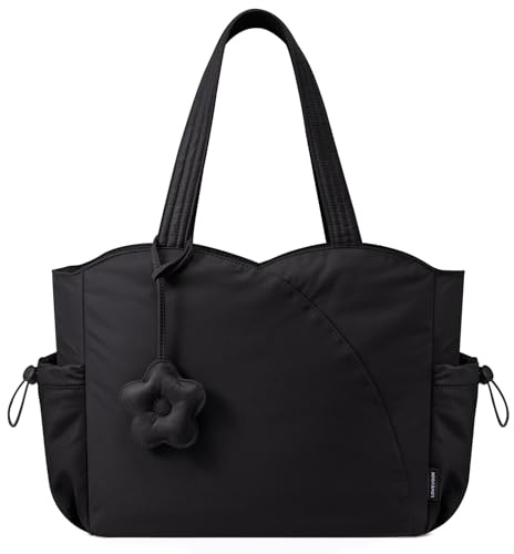 LOVEVOOK Shopper Tasche Damen, Leicht Puffer Taschen Tote Bag Handtaschen Arbeitstasche, Groß 15,6 Zoll Laptoptasche Süß Tragetasche Schultertasche Lehrertasche für Arbeit Uni Schule Reise, Schwarz