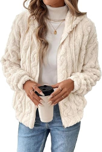 Crsiphee Women's Teddy Fleece Hoodie Soft Fluffy Sherpa Jacket Warm Zip Up Long Sleeve Coat with Pockets for Autumn and Winter Apricot M