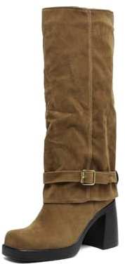 Qgtxf Stivali Alti Ginocchio Donna Scarpe con Tacco Quadrato Piattaforma Stivali a Albero Lungo Vitello Largo(Brown,37 EU)