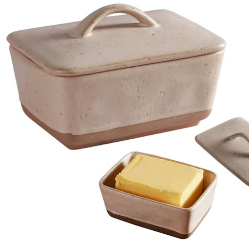Mantequera de cerámica con tapa, 350 ml, caja de mantequilla de porcelana vintage, pequeña mantequera con tapa y asa, para nevera y mesa de comedor, para todo tipo de mantequilla común (color queso)