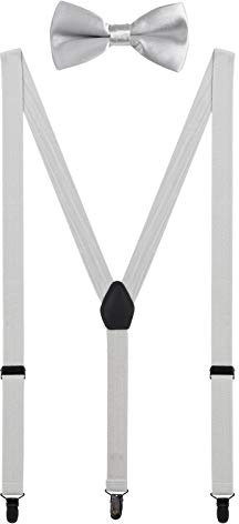 WANYING Herren Hosenträger Fliege Set - 3 Schwarz Clips Y Form 2,5cm Hochelastisch Hosenträger für Herren 150-200cm - Hellgrau