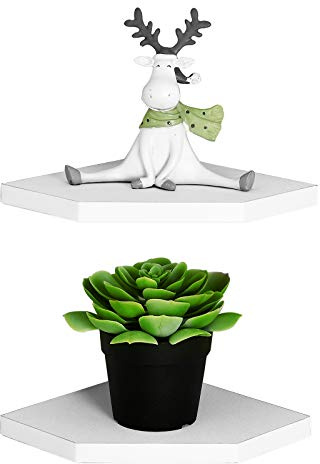 WELLAND 7-Inch Floating Corner Shelves Set of 2, Wall Mounted Storage Shelf with White Finish for Bedroom, Living Room, Bathroom, Display Shelf for Small Plant, Photo Frame, Toys and More