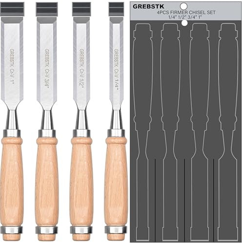 GREBSTK Professional Chrome Vanadium Steel Wood Chisel Set, 4PCS, 1/4,1/2,3/4,1 (Oxford Bag)