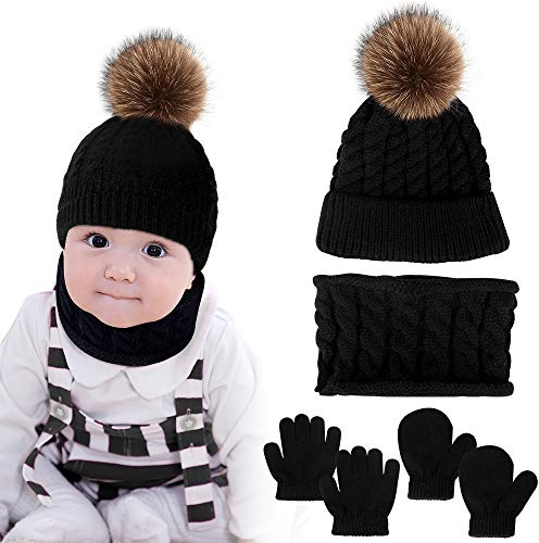 Hicdaw 6PCS Toddler Baby Winter Hat Scarf Kids Warm Knitted Hat for Beanie Scarf Gloves Set Gift for Kid Black