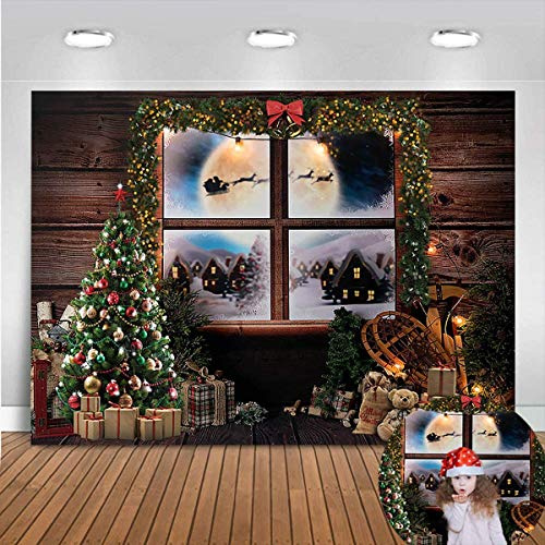 Avezano 2.5x1.8m Noël fenêtre Toile de Fond, Plancher en Bois Arbre de Noël Cadeau Chambre Famille fête décoration bannière, Nouvel an bébé Douche Enfant Portrait Photo Studio Accessoires