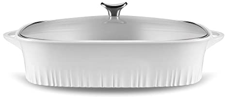CorningWare QuickHeat 5.7-QT Cast Aluminum Roaster With Lid & Non-Stick Ceramic Interior, Lightweight and Fast Even Heat Baking & Cooking, For Meats, Soup, Browning, Searing, French White