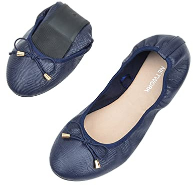 ERLINGO Ladies Roll up Shoes Foldable Ballet Flats with Bowknot Roll Up Ballet Pumps for Women Non Slip Fold Up Ballerina Dolly Shoes for Weddings and Parties Navy