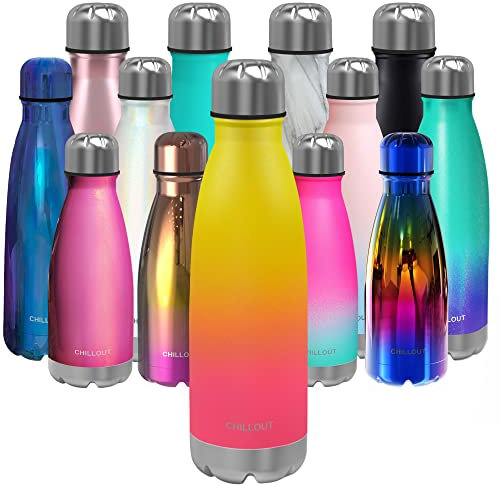 CHILLOUT LIFE Edelstahl-Wasserflasche: 480 ml, doppelwandig, isoliert, Cola-Flaschenform, für kalte und warme Getränke, BPA-freie Metall-Sportflasche