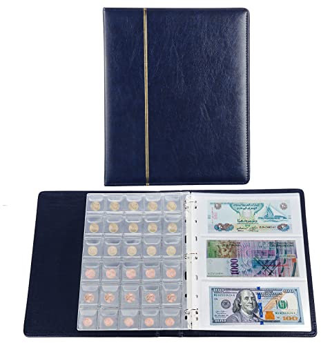 TsunNee Coin Collection Album 150 Pockets, Leather Cover Coin Collection Holder Book, Coin Storage Album with 24 Pockets Bill Commemorative Money Penny Holders for Collectors, Blue