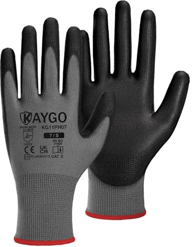 KAYGO 12 Paar Arbeitshandschuhe für Herren Damen, PU beschichtet Schutzhandschuhe, antirutsch Griff an Handflächen und Fingern, Geeignet für DIY allgemeine Arbeit Gartenarbeit (Grau, S, Gr 7)